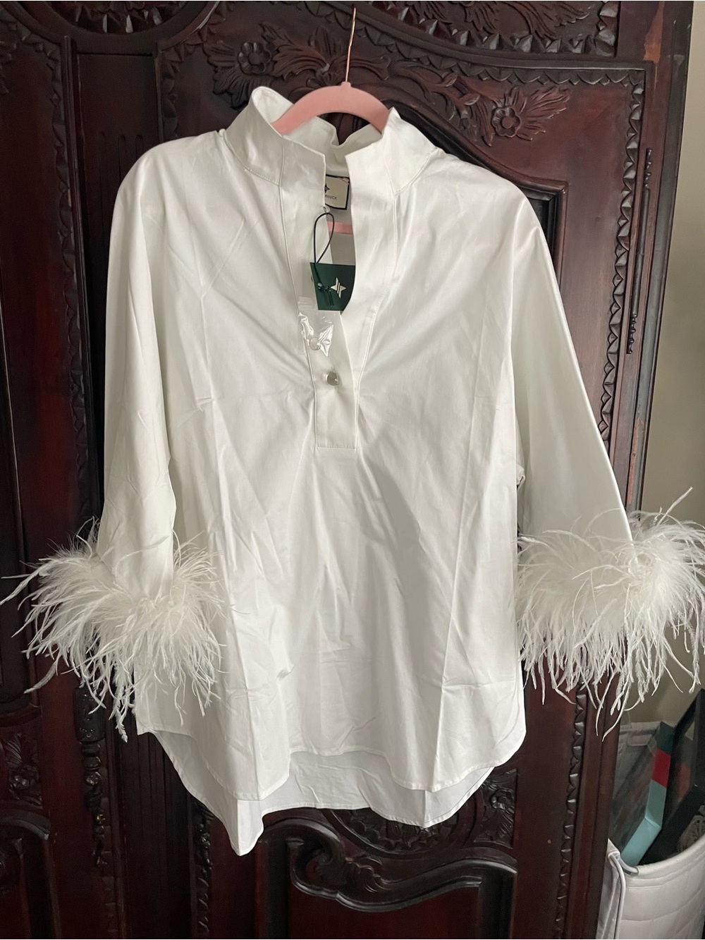 Tuckernuck White Feather-Cuff Stand-Collar Popover Blouse